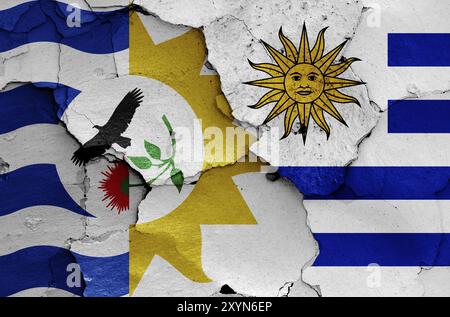 Flags of Treinta y Tres Department and Uruguay painted on cracked wall Stock Photo