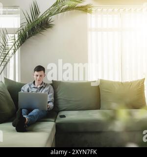 Young guy sitting at green sofa with gray laptop, black phone. Man is holding silver notebook, reading, typing something. Work from home, education co Stock Photo