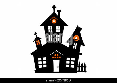Black silhouette of a haunted house with glowing windows isolated on a white background. Concept of Halloween, spooky mansion, ghost house, minimalist style. Print, design element, illustration. Stock Vector