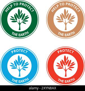 Colored help protect the earth labels with the draw of a tree on a white background Stock Vector
