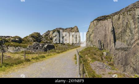 Walking in the derelict Dinorwic Quarry near Llanberis, Gwynedd, Wales, UK Stock Photo