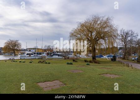 Horning, The Broads, Norfolk, England, UK, April 06, 2018: View at the boats and the Marina Stock Photo