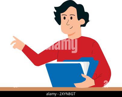 Man wearing red coat with a folder with paper sheets on a desk on a white background Stock Vector