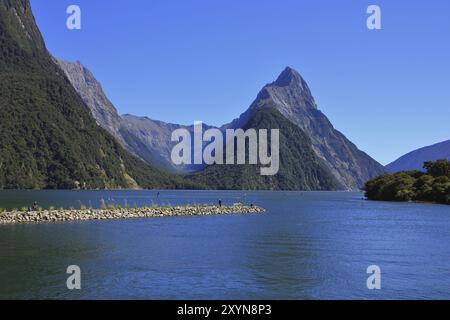 Famous travel destination in New Zealand. Mitre Peak and Milford Sound Stock Photo