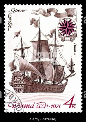 USSR, CIRCA 1971: a stamp printed by USSR, shows known old russian sailing warship an Stock Photo