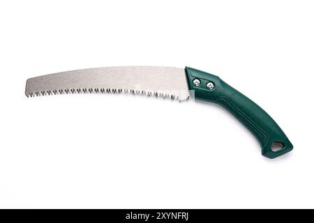 Folding garden saw portable hacksaw isolated on white background, gardening tool Stock Photo