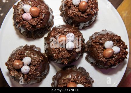 A selection of Easter Chocolate nest Cakes topped with three little chocolate mini eggs on a white plate Stock Photo