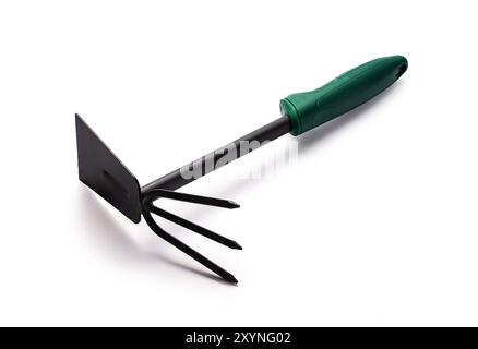 Small garden rake isolated on white background. Gardening tools. Stock Photo