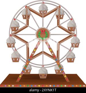 3d gingerbread ferris wheel. christmas ferris wheel with candies and cookies Stock Vector