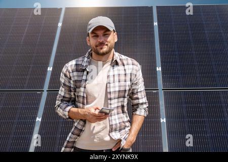 Production, installation and maintenance of industrial solar panels. Stock Photo