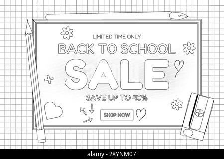 Vector illustration of a back-to-school sale sign designed as a fun and engaging coloring page, perfect for kids. Stock Vector