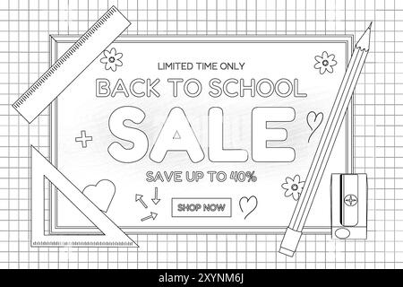 Vector illustration of a back-to-school sale sign with rulers and pencil, designed as a fun and engaging coloring page for kids. Stock Vector