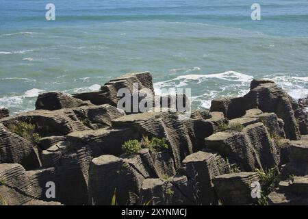 Unique rock formations in New Zealand. Pancake Rocks, Punakaiki Stock Photo