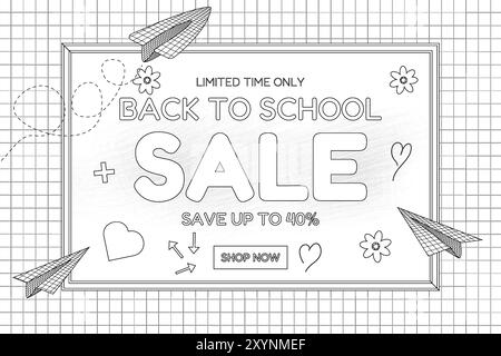 Vector illustration of a Back to School Sale flyer designed for kids to color, featuring paper planes, hearts, and grid patterns. Stock Vector