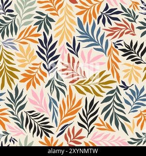 Colorful Yellow Festive Yellow Orange and Blue Tropical Flowing Leaves Vector Exotic Seamless Pattern Repeat for Wallpaper, Fabric Textile Design Stock Vector