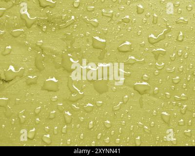 Water drops on limelight colored metallic surface Stock Photo