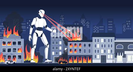 Angry giant robot burning buildings and damaging the city, evil AI droid destroying humanity Stock Vector