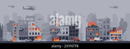 Military helicopters and drones flying over the city after the bombing, war and destruction concept Stock Vector