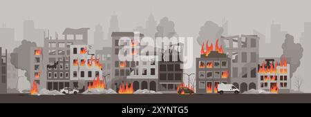 Panorama of a destroyed burning city with collapsing buildings and crushed cars in the street: catastrophes, earthquake and war concept Stock Vector