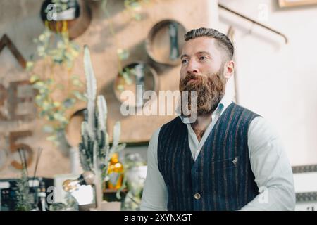 Bearded businessman wearing a vest and looking away while standing in a modern office with plants Stock Photo