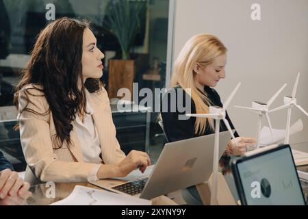 Businesswomen working together in the office, planning a project about renewable energy and using a laptop Stock Photo