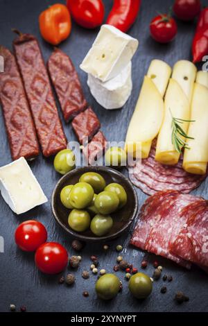 Antipasti and appetizers, top view Stock Photo