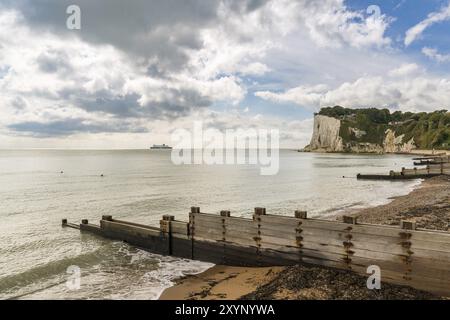 St Margaret's at Cliffe, Kent, England, UK, September 18, 2017: View over St Margaret's Bay with a DFDS ferry crossing the British Channel on the way Stock Photo