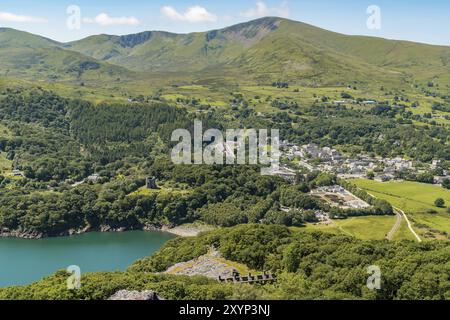 View from Dinorwic Quarry, Gwynedd, Wales, UK, with Llanberis in the background Stock Photo