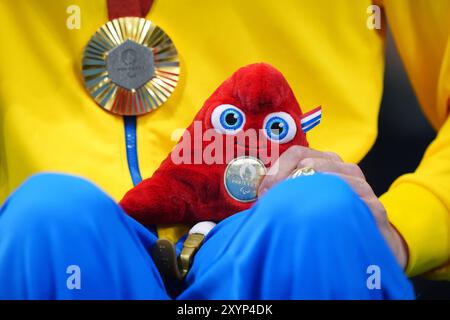 A detailed view of the official Paralympic mascot, Phryges, at the Paris La Defense Arena on day two of the Paris 2024 Summer Paralympic Games. Picture date: Friday August 30, 2024. Stock Photo