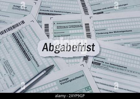 Formulare des Finanzamtes mit Abgabefrist Formulare des Finanzamtes mit Abgabefrist, 30.08.2024, Borkwalde, Brandenburg, Verschiedene Formulare des Finanzamtes liegen nebeneinander mit dem Schriftzug Abgabefrist. *** Forms of the tax office with deadline Forms of the tax office with deadline, 30 08 2024, Borkwalde, Brandenburg, Various forms of the tax office are next to each other with the lettering deadline Stock Photo