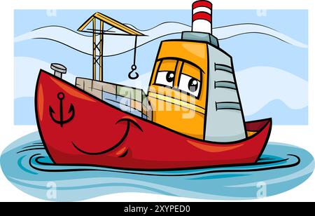 Cartoon illustration of funny container ship comic character Stock Vector