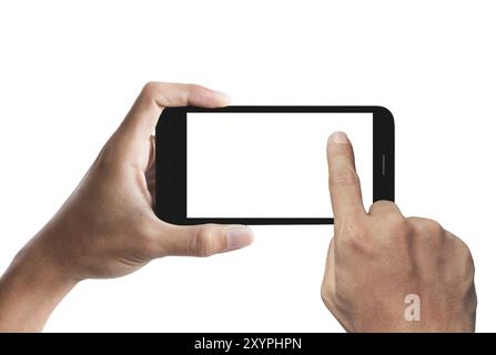 Hand holding the smartphone isolated on white background Stock Photo
