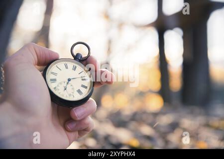 Hand held stop watch outdoors, autumn, blurry background Stock Photo
