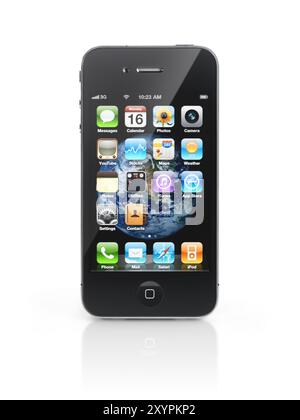 Apple iPhone 4 smartphone with desktop icons and Earth globe background on its display isolated with clipping path on white background. High quality p Stock Photo