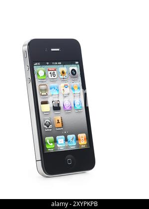 Apple iPhone 4 smartphone with desktop icons on its display isolated with clipping path on white background. High quality photo Stock Photo