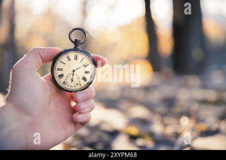 Hand held stop watch outdoors, autumn, blurry background Stock Photo