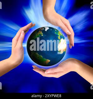 Earth globe in hands Conceptual recycling symbol Stock Photo