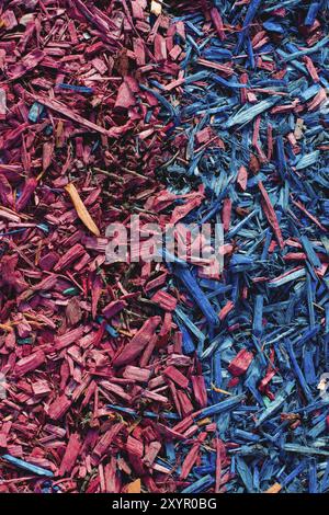 Textured background decorative colored sawdust for finishing flowerbeds in the winter season. red blue sawdust Stock Photo