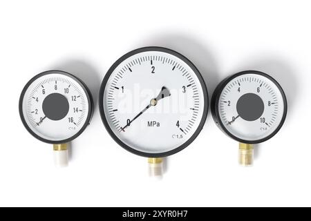 The pressure sensor in the pipeline is a manometer. Three gauges of different sizes on a white isolated background Stock Photo