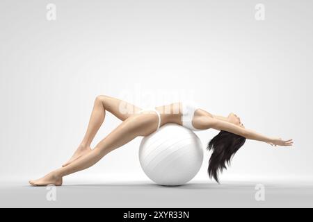 Young beautiful woman with fit slim body stretching balancing on white exercise ball isolated on white background. Fitness and health concept. Photore Stock Photo