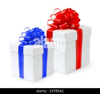 Fancy holiday gift boxes with red and blue bows Isolated on white background Stock Photo