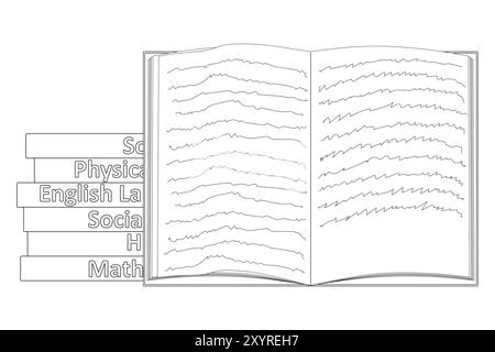 Black and white open textbook illustration with stacked books for a back-to-school-themed coloring book. Ideal for educational projects. Stock Vector