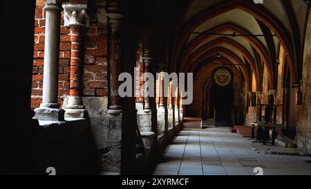 The historic corridor of Riga Dome - its medieval architecture. Red brick walls, vaulted ceilings, columns, and arches, combined with the interplay of Stock Photo