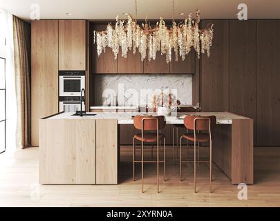 Stylish modern kitchen featuring elegant lighting and chic barstools for a perfect atmosphere, 3d rendering Stock Photo