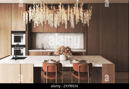 Elegant minimalist style kitchen featuring a unique chandelier and beautiful wood accents, 3d rendering Stock Photo