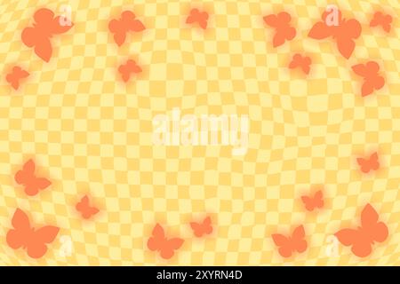 Orange retro psychedelic checkerboard pattern with butterflies. Stock Vector