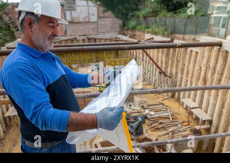 Foreman officer inspector, building Inspector, engineer or inspector at construction site checking and inspecting progressing work in construction sit Stock Photo