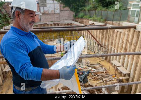 Foreman officer inspector, building Inspector, engineer or inspector at construction site checking and inspecting progressing work in construction sit Stock Photo