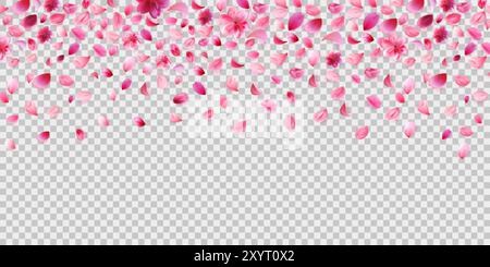 Falling cherry petals png isolated on transparent background. Romantic concept banner template. Stock Vector