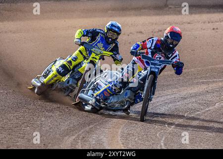 Belle Vue Colts' Guest Rider Joe Thompson in Red leading Edinburgh Monarchs' Dayle Wood in White during the WSRA National Development League match between Belle Vue Aces and Edinburgh Monarchs at the National Speedway Stadium, Manchester on Friday 30th August 2024. (Photo: Ian Charles | MI News) Credit: MI News & Sport /Alamy Live News Stock Photo